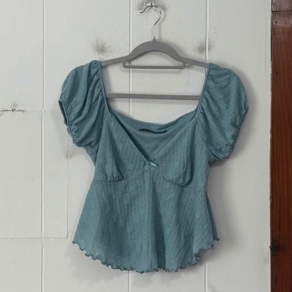 H+H by Heart Hips Teal Textured Puff Sleeve Peplum Top Medium
